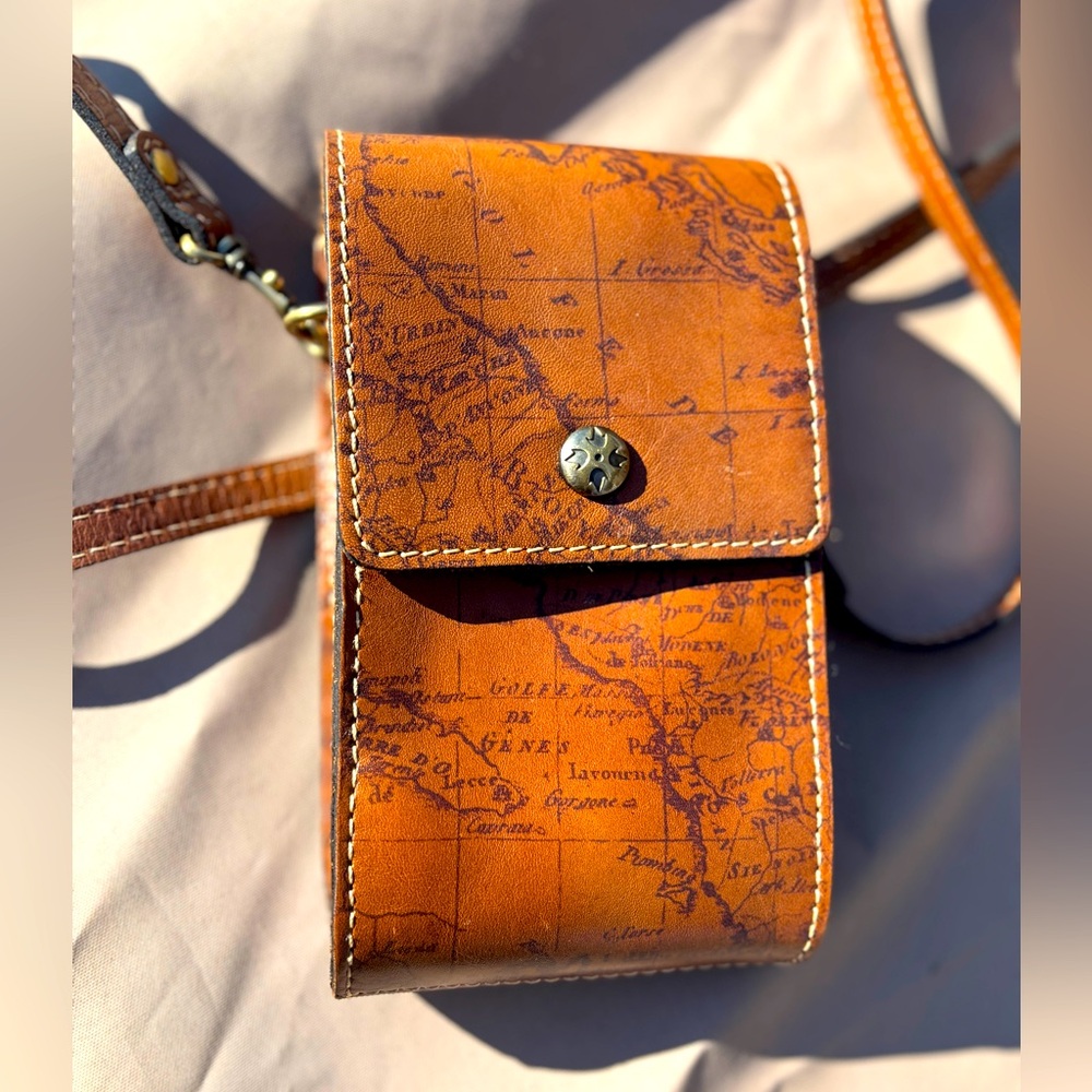 PATRICIA NASH Rust Riot Map brown or black leather small crossbody phone bag
